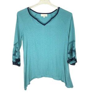 NWT Dept 222 Womens S Sea Blue Blouse 3/4 Embroidered Bell Sleeves VNeck Boho